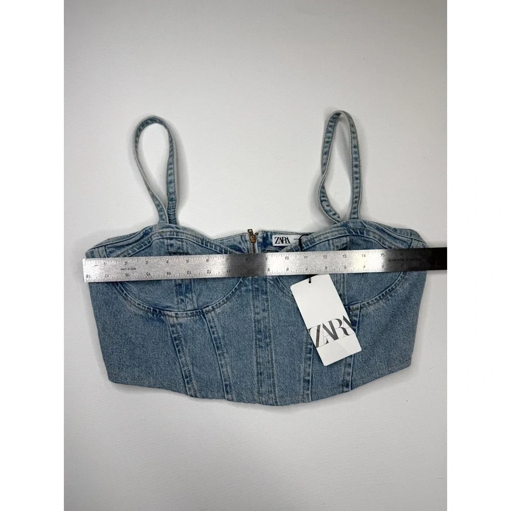 Zara Corset Cropped Top Womens Medium Blue Denim Cotton Back Zip Spaghetti Strap - Picture 4 of 6